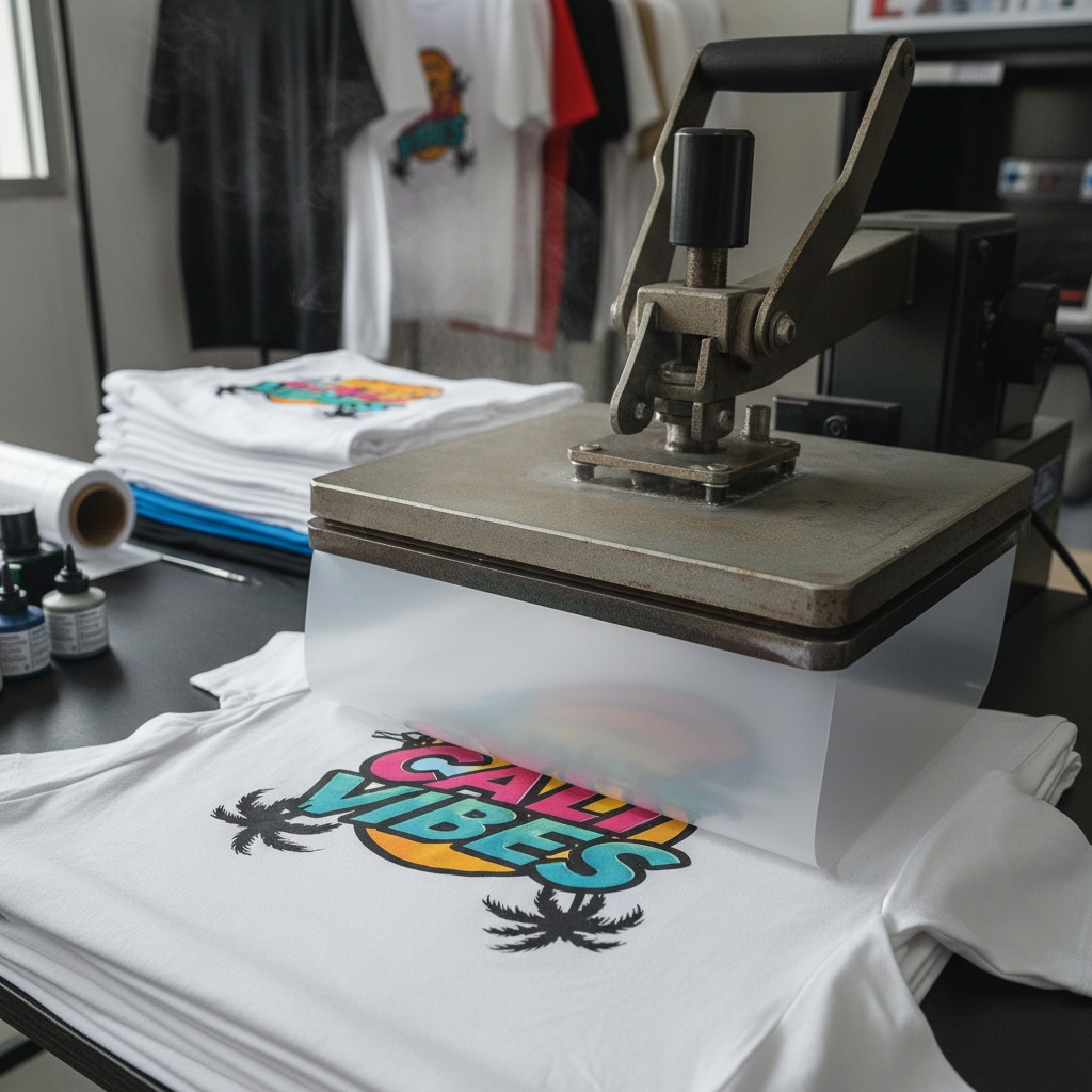Crie outra imagem de um DTF sendo aplicado em camisetas